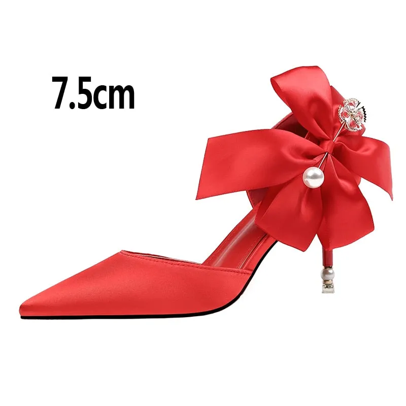 Advbridge 2023 New Bow-knot Women Pumps Designer Shoes High Heels Sandals Women Satin Stiletto Heels Sexy Pearl Wedding Shoes Plus Size 43