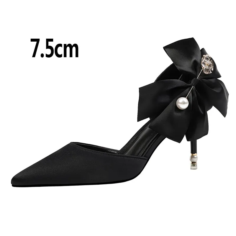 Advbridge 2023 New Bow-knot Women Pumps Designer Shoes High Heels Sandals Women Satin Stiletto Heels Sexy Pearl Wedding Shoes Plus Size 43