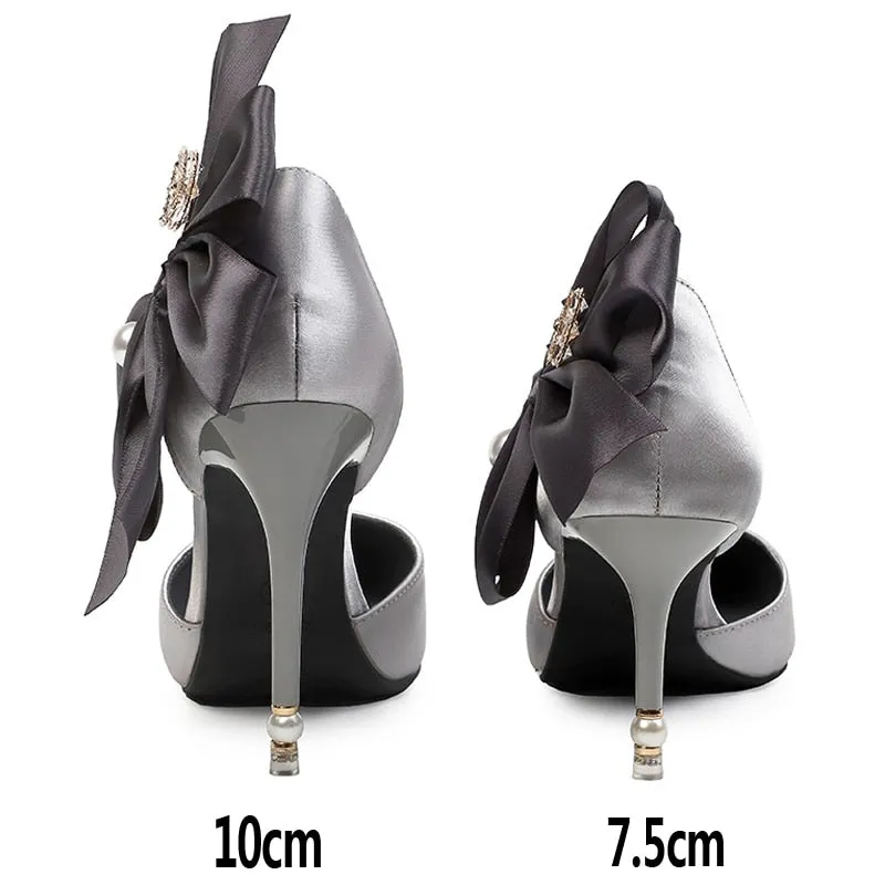 Advbridge 2023 New Bow-knot Women Pumps Designer Shoes High Heels Sandals Women Satin Stiletto Heels Sexy Pearl Wedding Shoes Plus Size 43