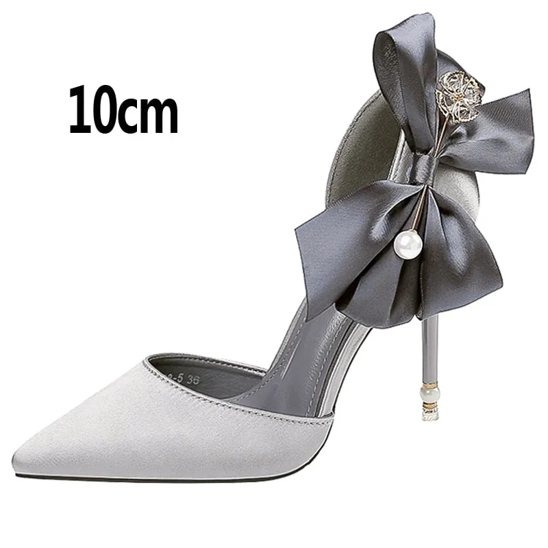 Advbridge 2023 New Bow-knot Women Pumps Designer Shoes High Heels Sandals Women Satin Stiletto Heels Sexy Pearl Wedding Shoes Plus Size 43