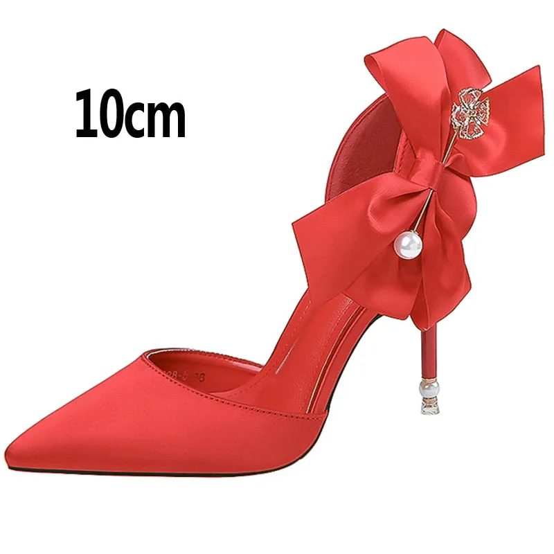 Advbridge 2023 New Bow-knot Women Pumps Designer Shoes High Heels Sandals Women Satin Stiletto Heels Sexy Pearl Wedding Shoes Plus Size 43