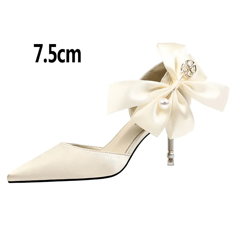 Advbridge 2023 New Bow-knot Women Pumps Designer Shoes High Heels Sandals Women Satin Stiletto Heels Sexy Pearl Wedding Shoes Plus Size 43