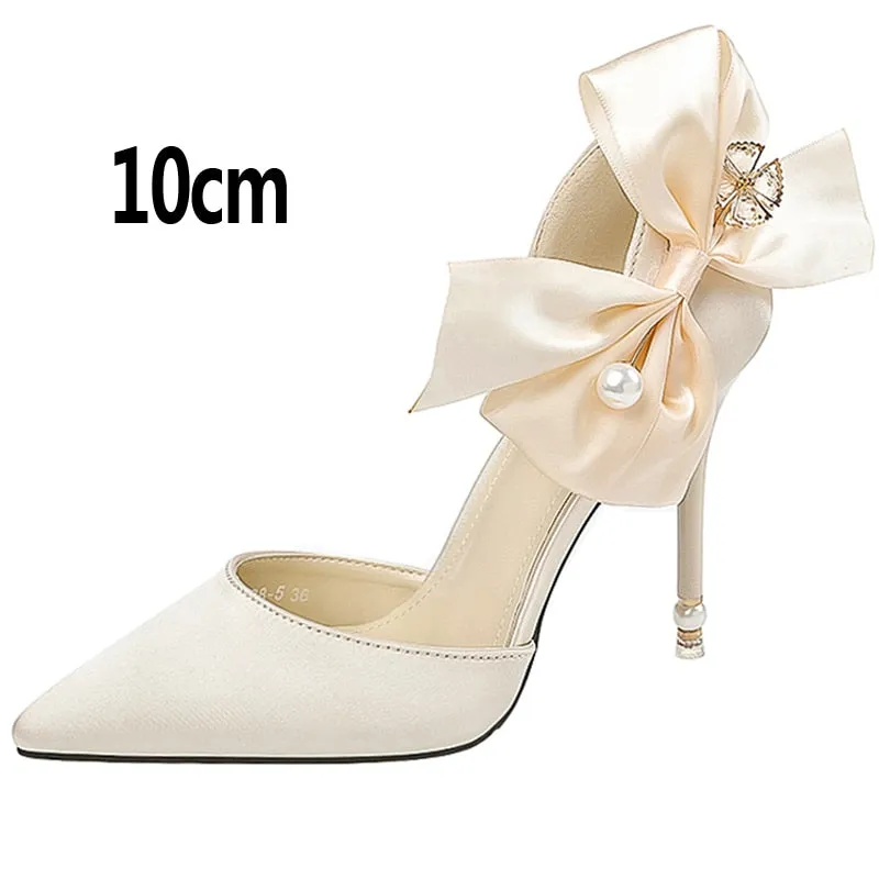 Advbridge 2023 New Bow-knot Women Pumps Designer Shoes High Heels Sandals Women Satin Stiletto Heels Sexy Pearl Wedding Shoes Plus Size 43