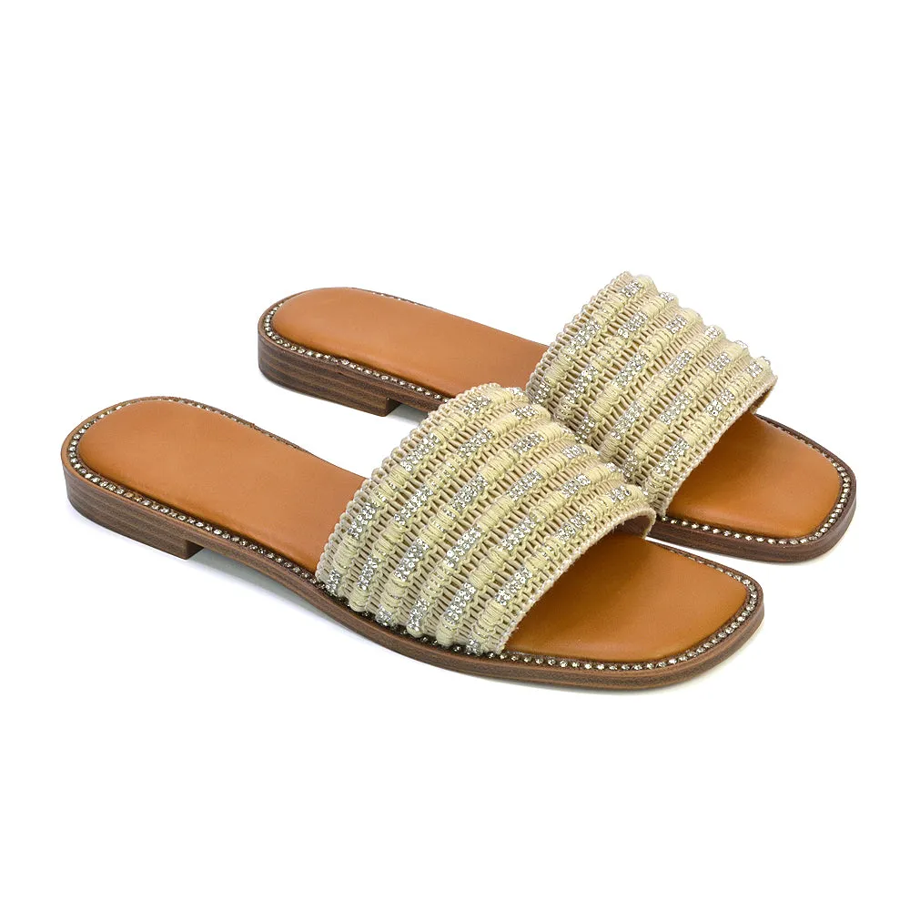 Alba Diamante Material Strap Square Toe Flat Sandals in Beige