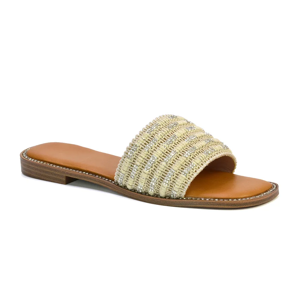 Alba Diamante Material Strap Square Toe Flat Sandals in Beige