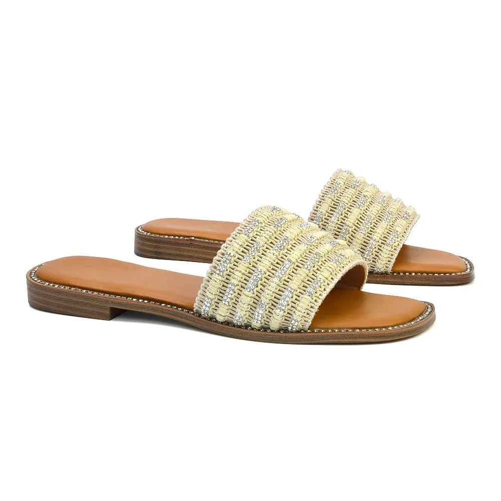 Alba Diamante Material Strap Square Toe Flat Sandals in Beige