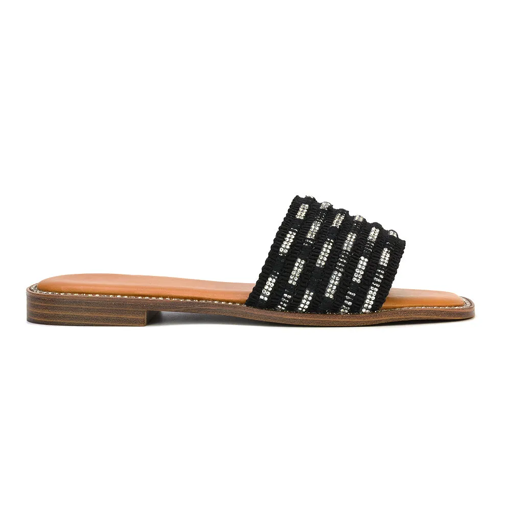 Alba Diamante Material Strap Square Toe Flat Sandals in Black