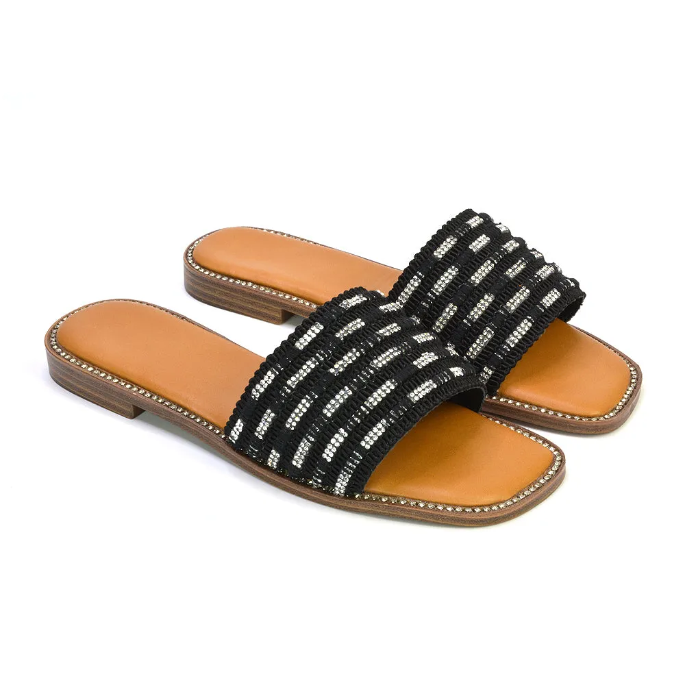 Alba Diamante Material Strap Square Toe Flat Sandals in Black