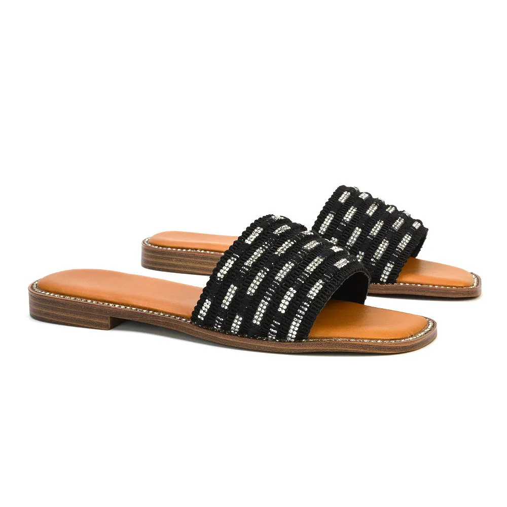 Alba Diamante Material Strap Square Toe Flat Sandals in Black