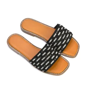 Alba Diamante Material Strap Square Toe Flat Sandals in Black