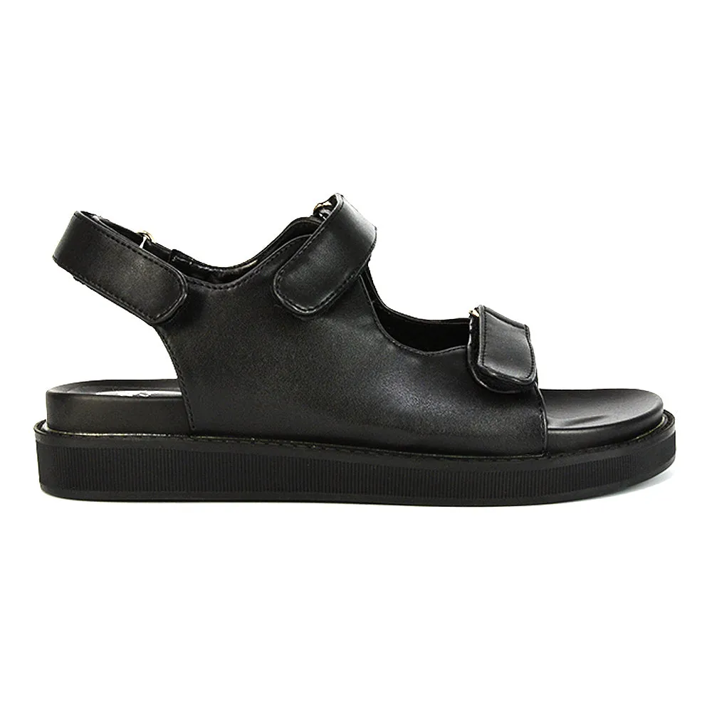 Asher Double Strap Flat Platform Heel Dad Sandals in Black Synthetic Leather