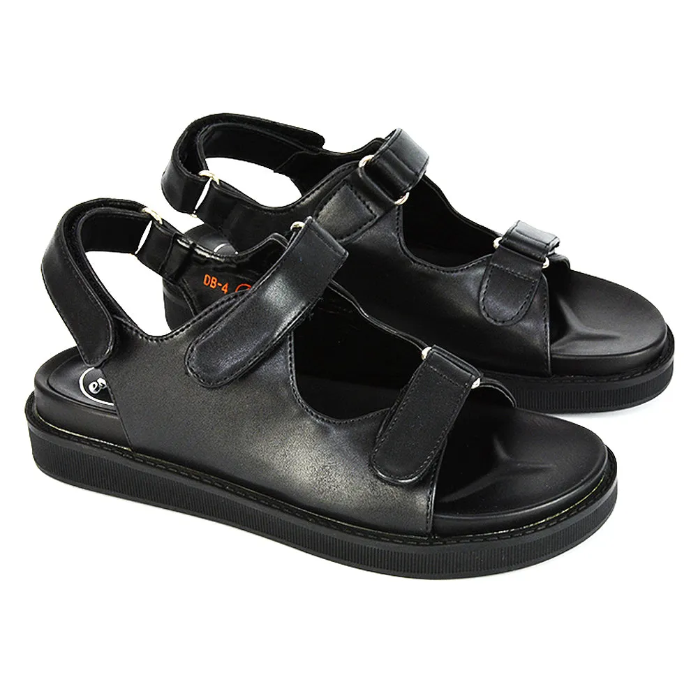 Asher Double Strap Flat Platform Heel Dad Sandals in Black Synthetic Leather