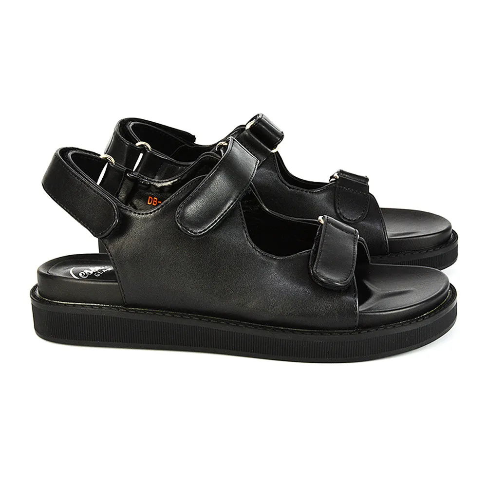 Asher Double Strap Flat Platform Heel Dad Sandals in Black Synthetic Leather