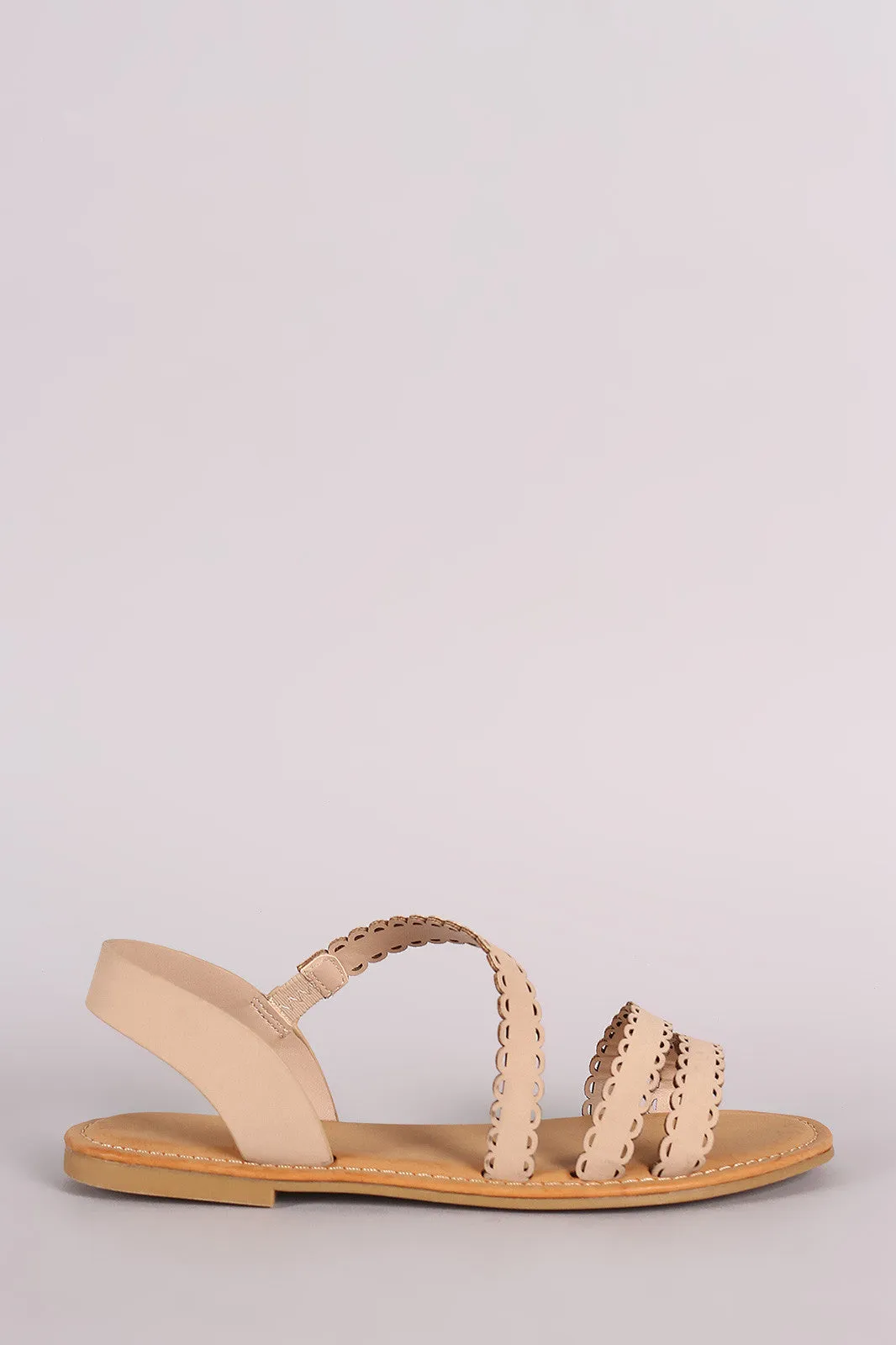 Bamboo Nubuck Strappy Scalloped Open Toe Flat Sandal