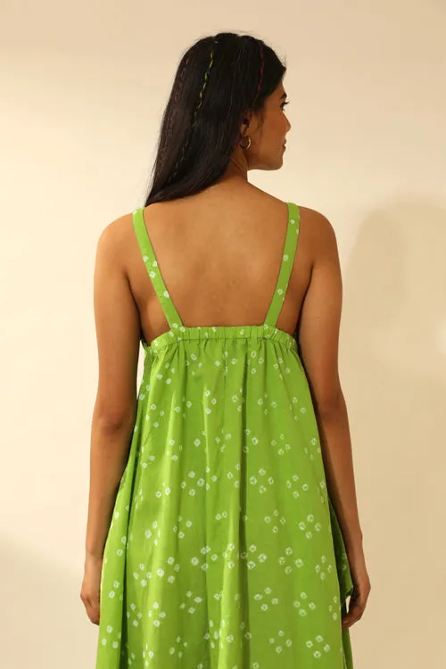 Bandhani Strappy Long Dress In Lime Green