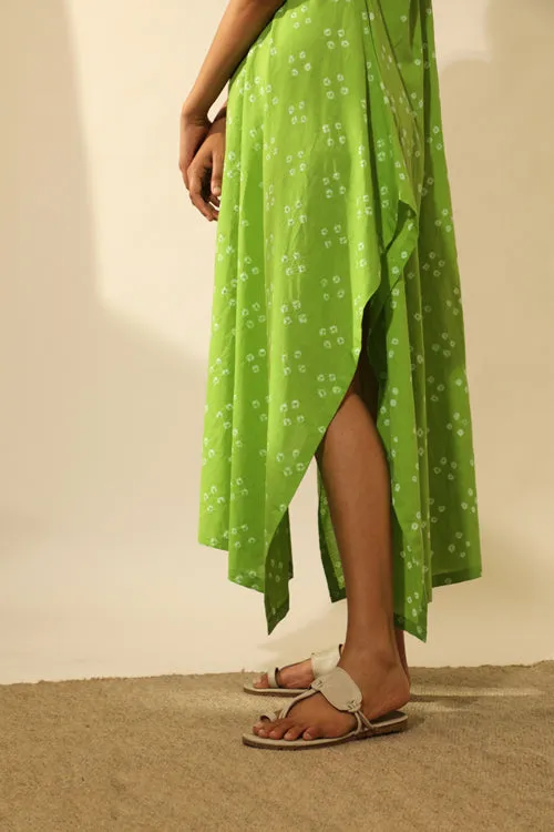 Bandhani Strappy Long Dress In Lime Green