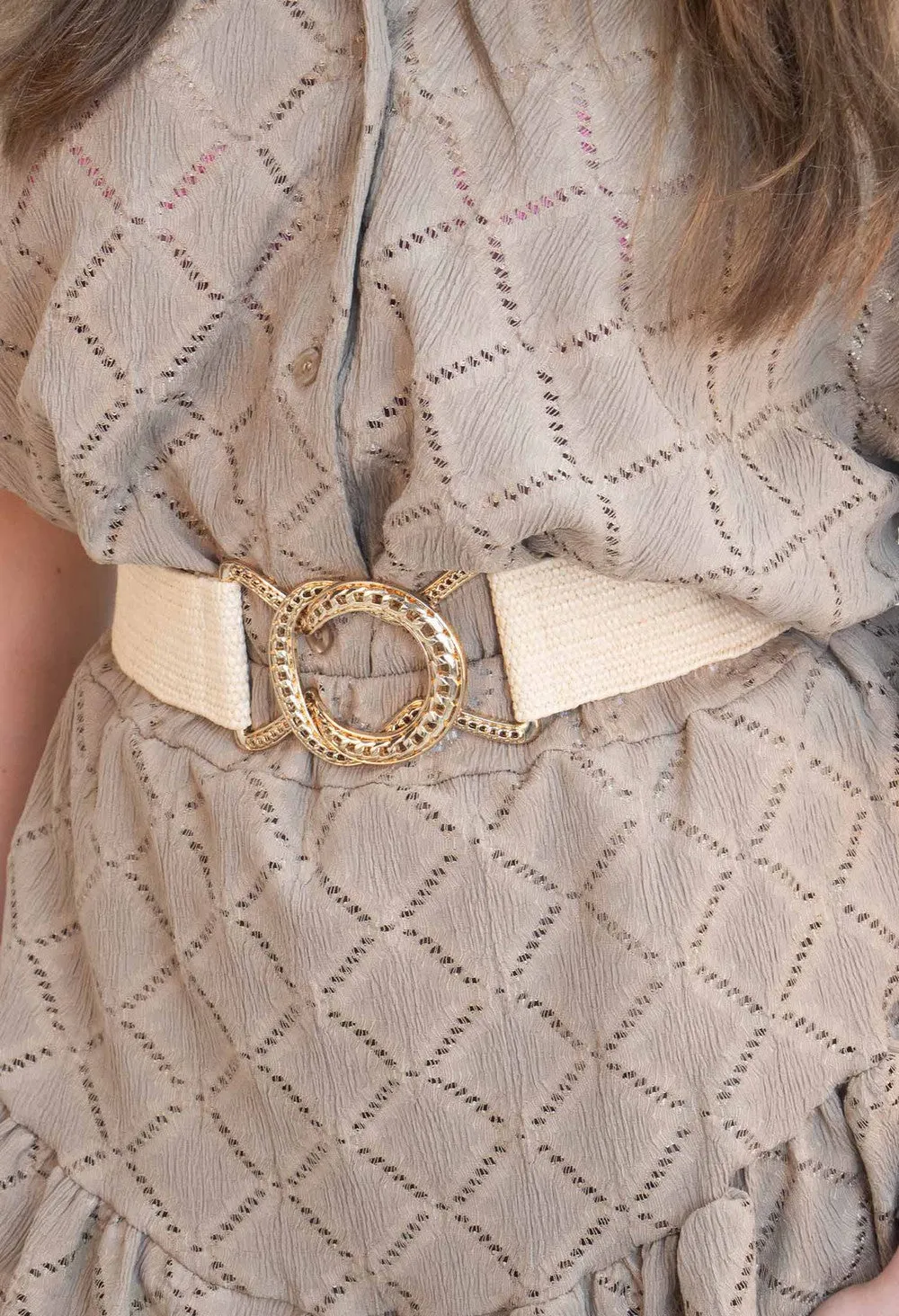 Beige Woven and Gold Clasp Belt