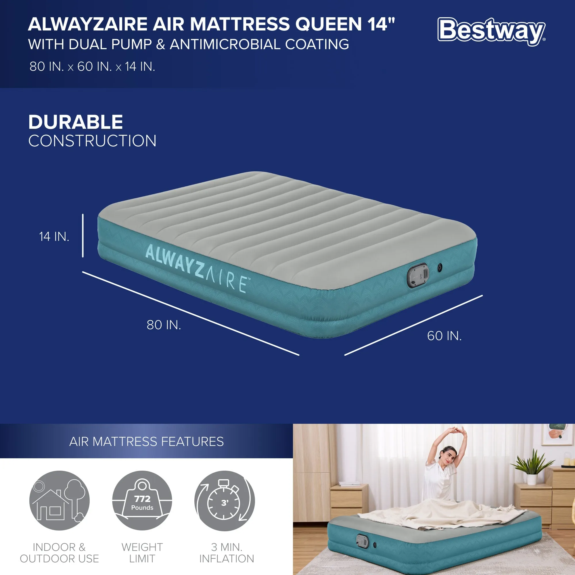 Bestway AlwayzAire 14" Inflatable Air Mattress Bed with Rechargeable Pump, Queen