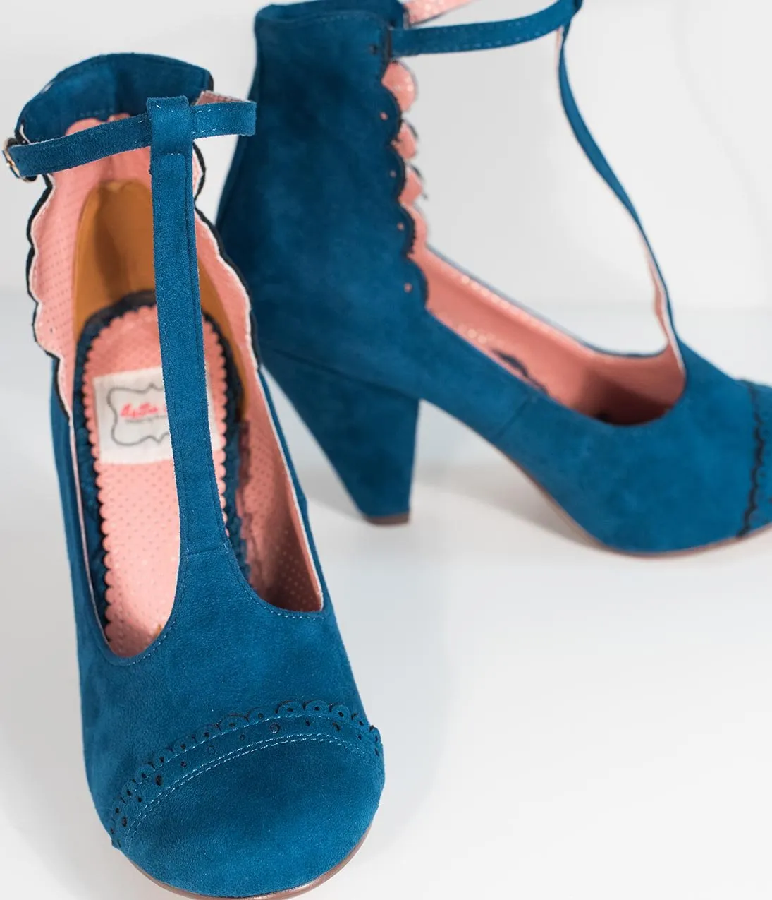 Bettie Page Blue Suede Closed Toe Vio T-Strap Heels