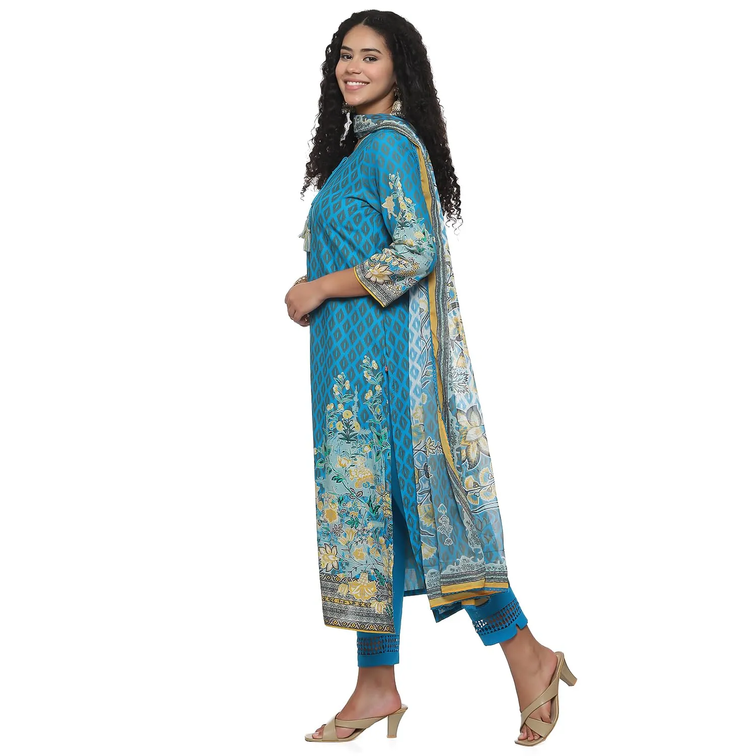 BIBA Cotton Women Printed Straight Salwar Kurta Dupatta(Skdassorted7483E_Turquoise_34)