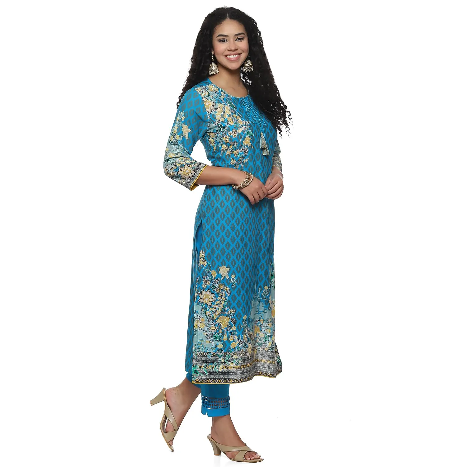 BIBA Cotton Women Printed Straight Salwar Kurta Dupatta(Skdassorted7483E_Turquoise_34)