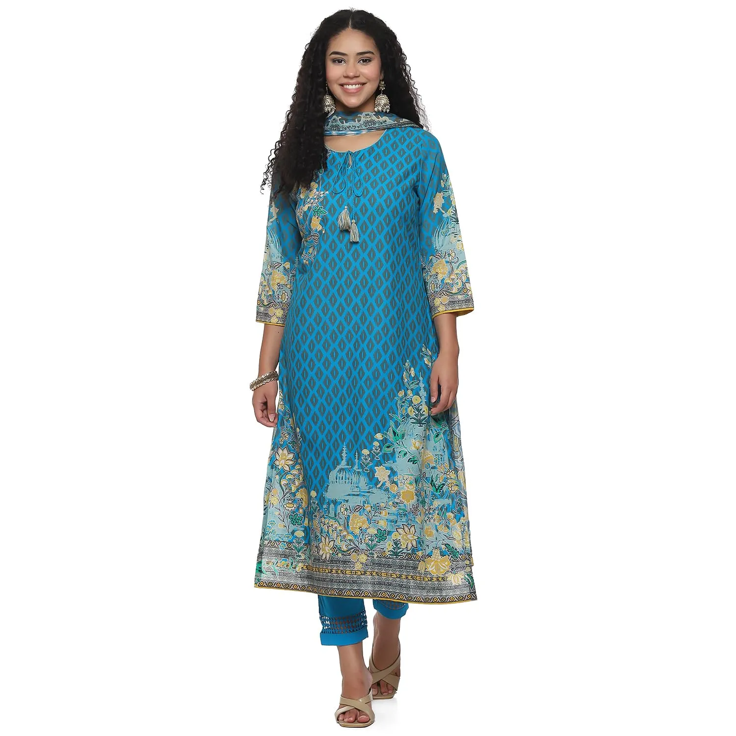 BIBA Cotton Women Printed Straight Salwar Kurta Dupatta(Skdassorted7483E_Turquoise_34)