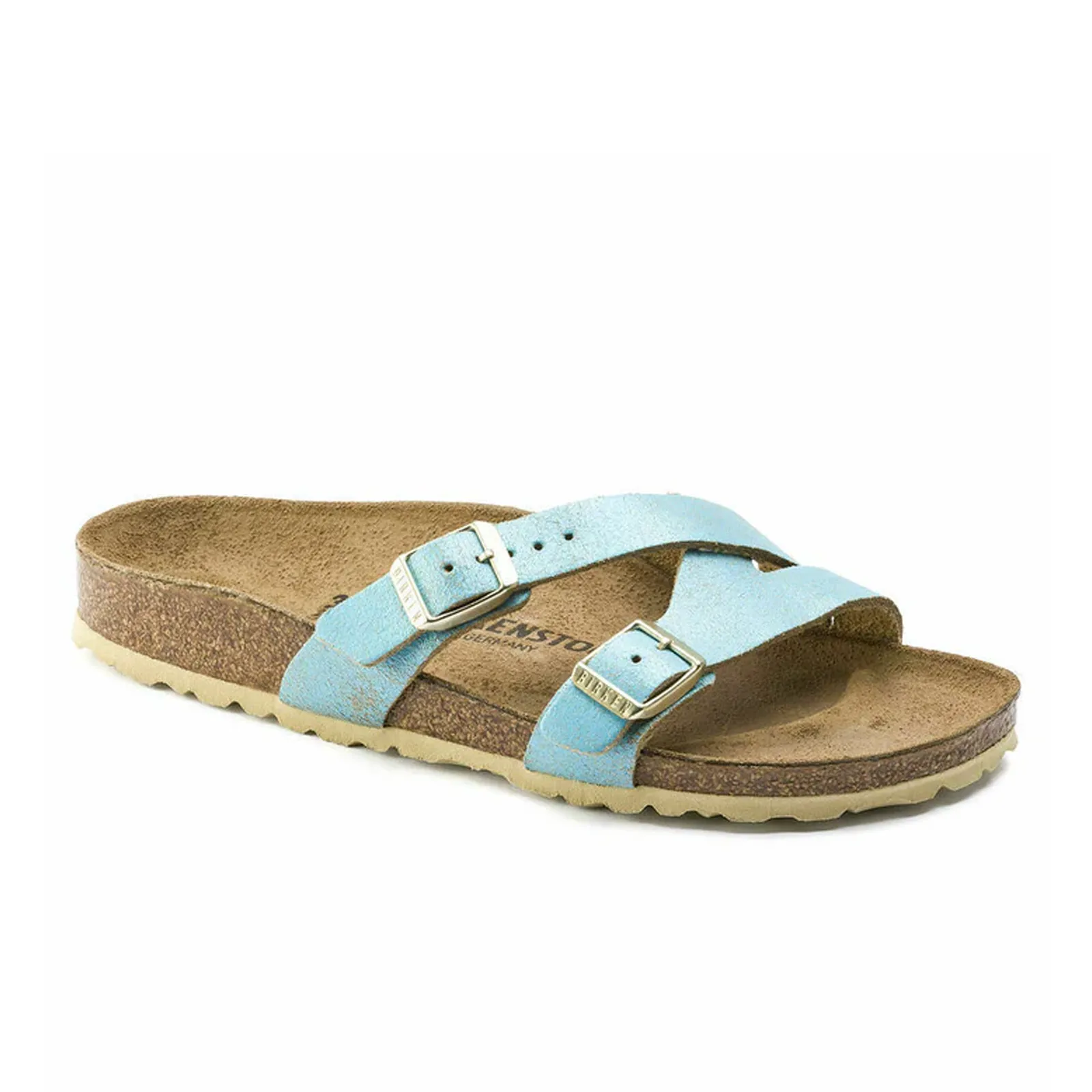 Birkenstock Yao Slide Sandal (Women) - Washed Metallic Aqua Suede