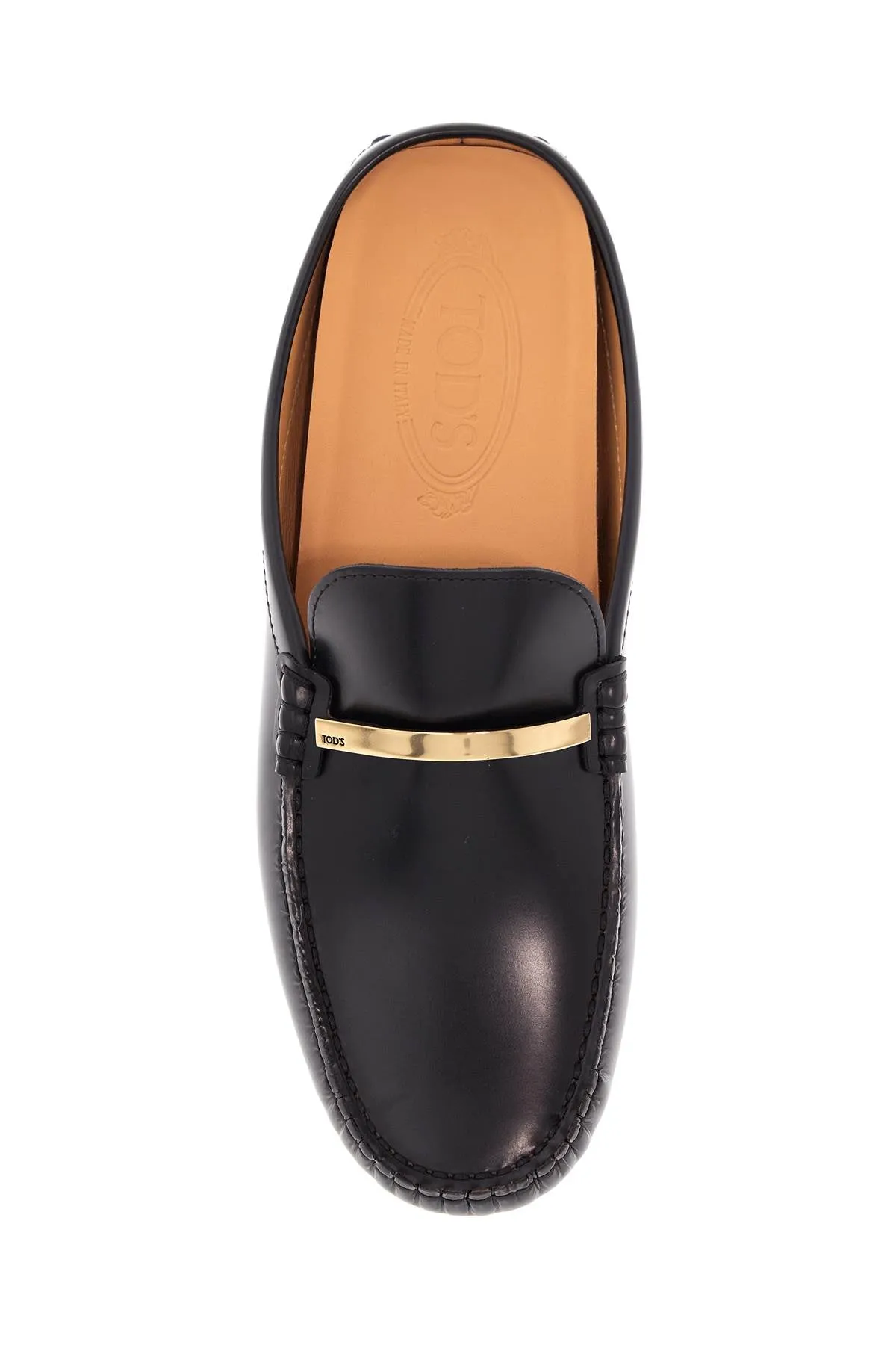 black calfskin slip-on loafers with metallic strap and rubber sole