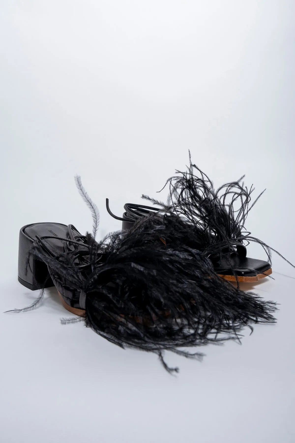 BLACK FEATHER STRAPPY SANDAL