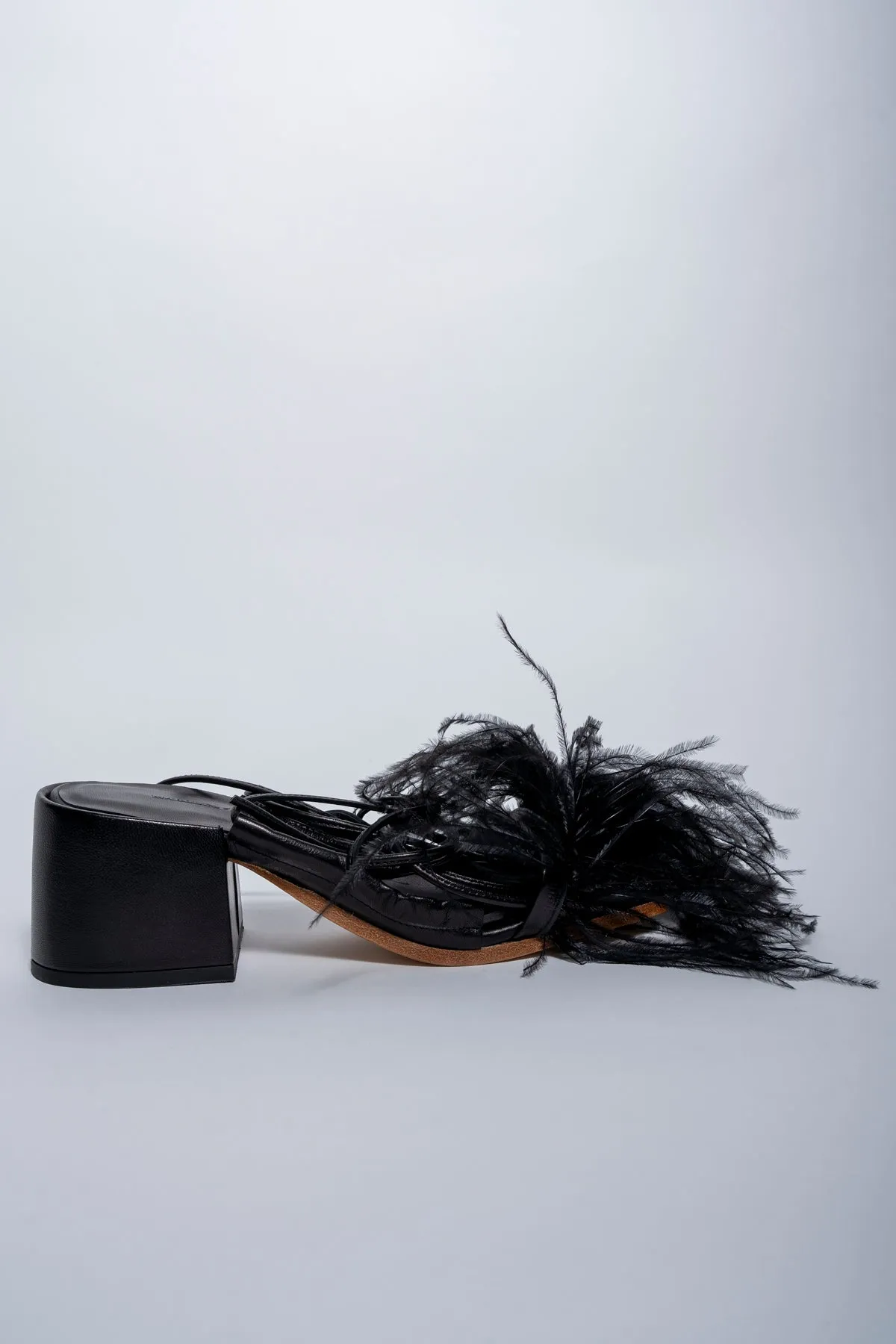 BLACK FEATHER STRAPPY SANDAL