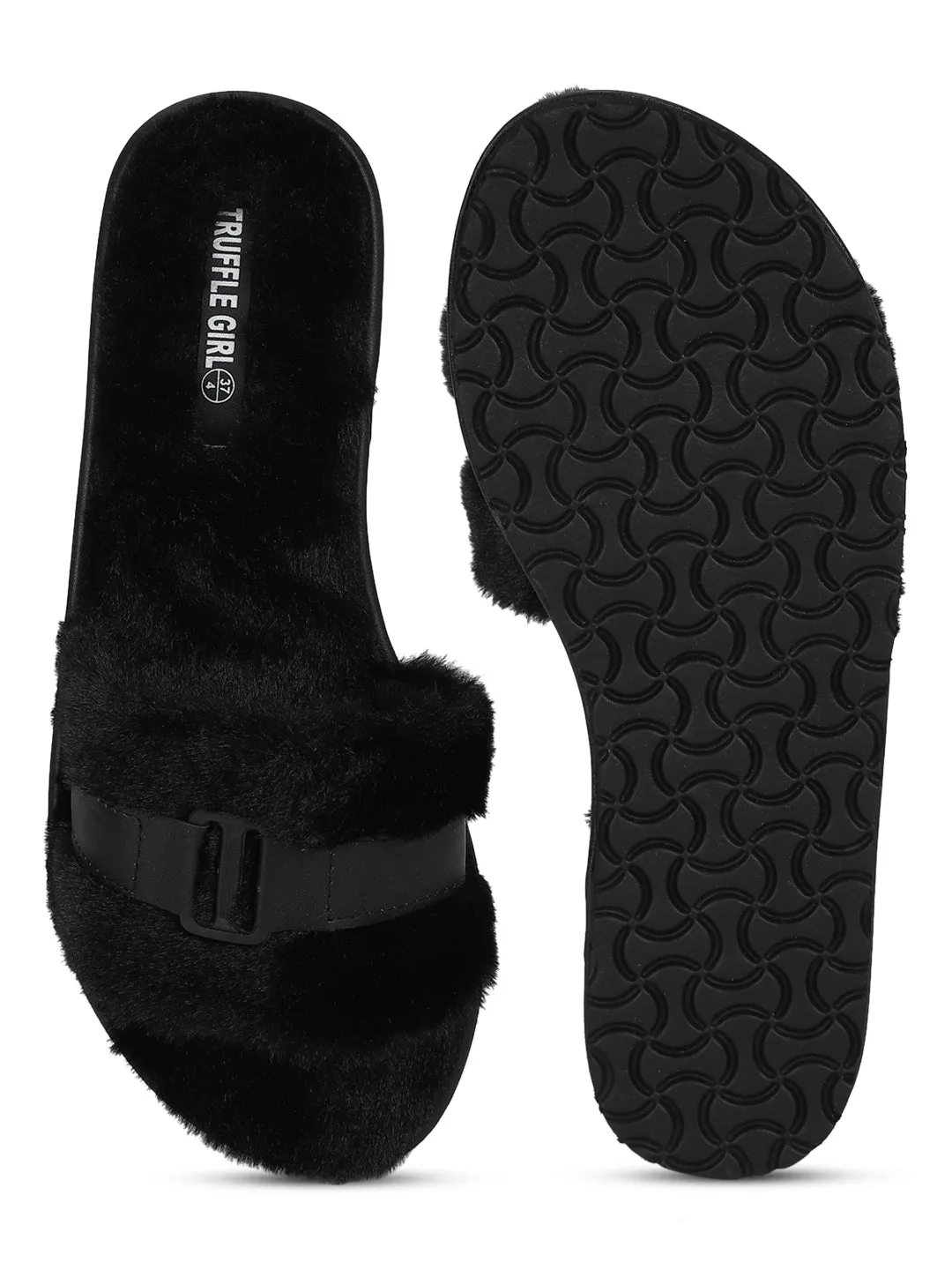 Black Fuzzy Fur Slip Ons With Buckle (TC-ST-1167-BLK)