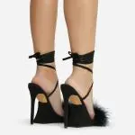 Black Lace Up Fluffy Faux Feather Detail Square Toe Sculptured Platform Stiletto Heel In Faux Leather