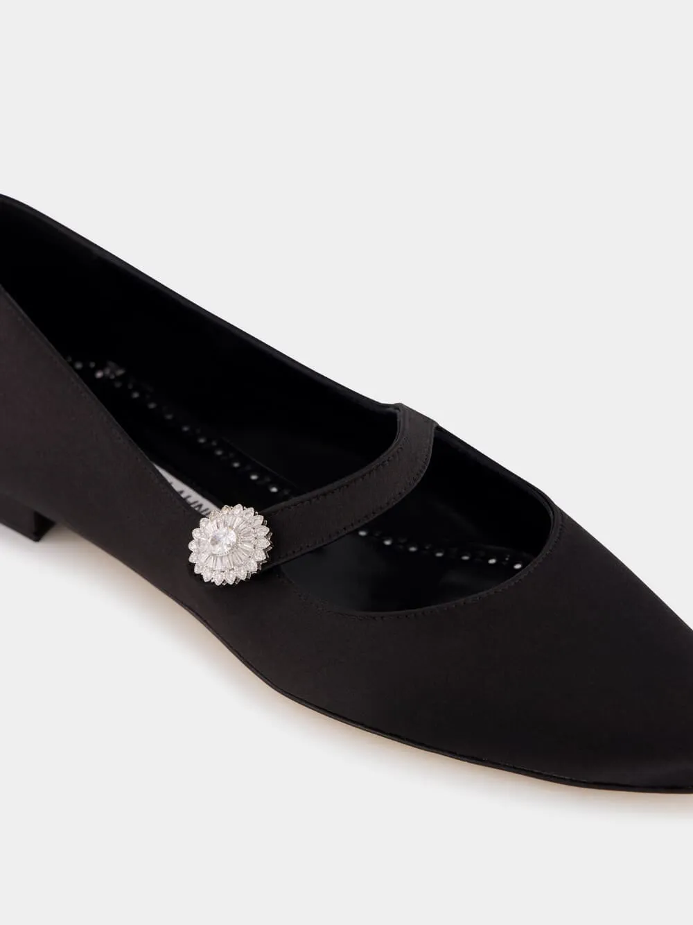 Black Satin Embellished Mary Jane Flats