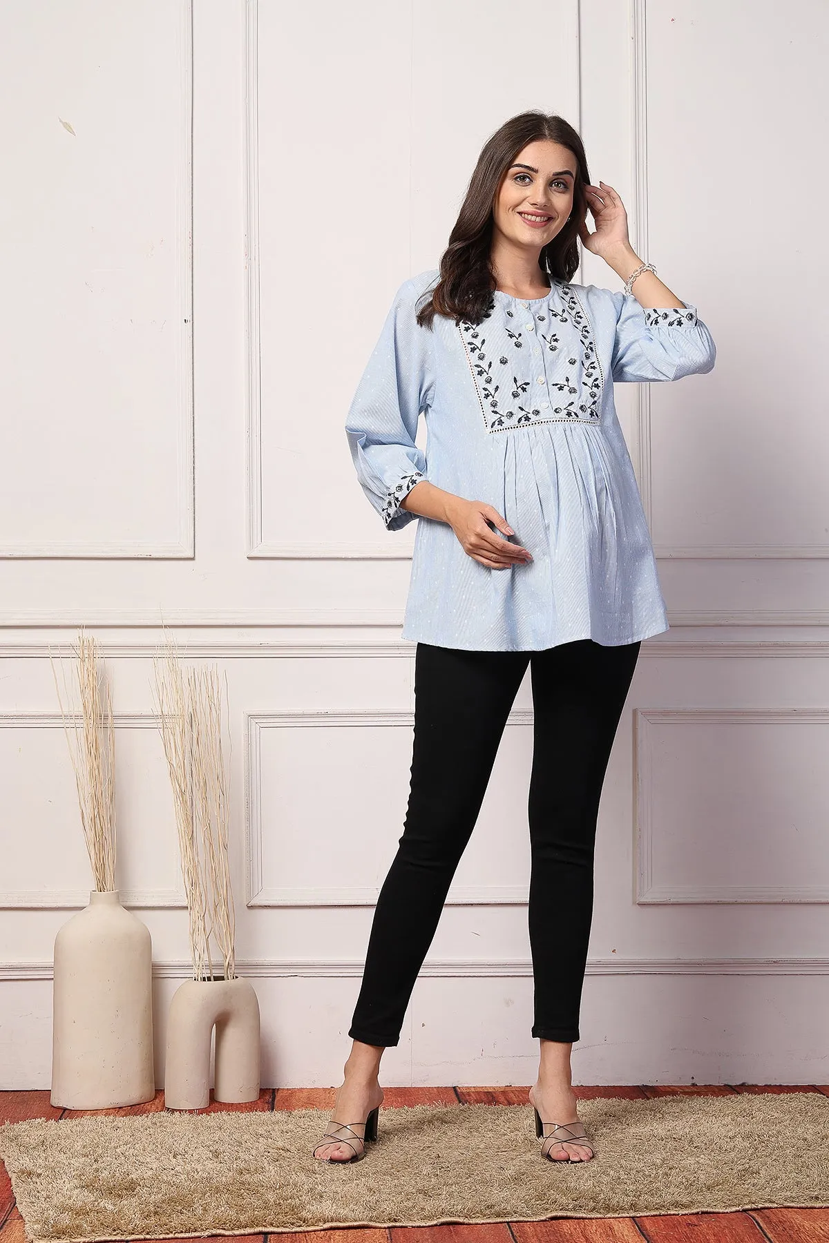 Blossom Blue Dobby Zipless Maternity Feeding Top