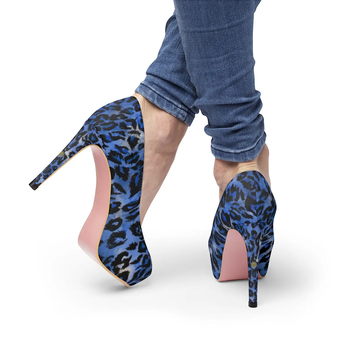 Blue Leopard Women's Heels, Animal Print Platform 4" Heels Pumps Shoes (US Size: 5-11)