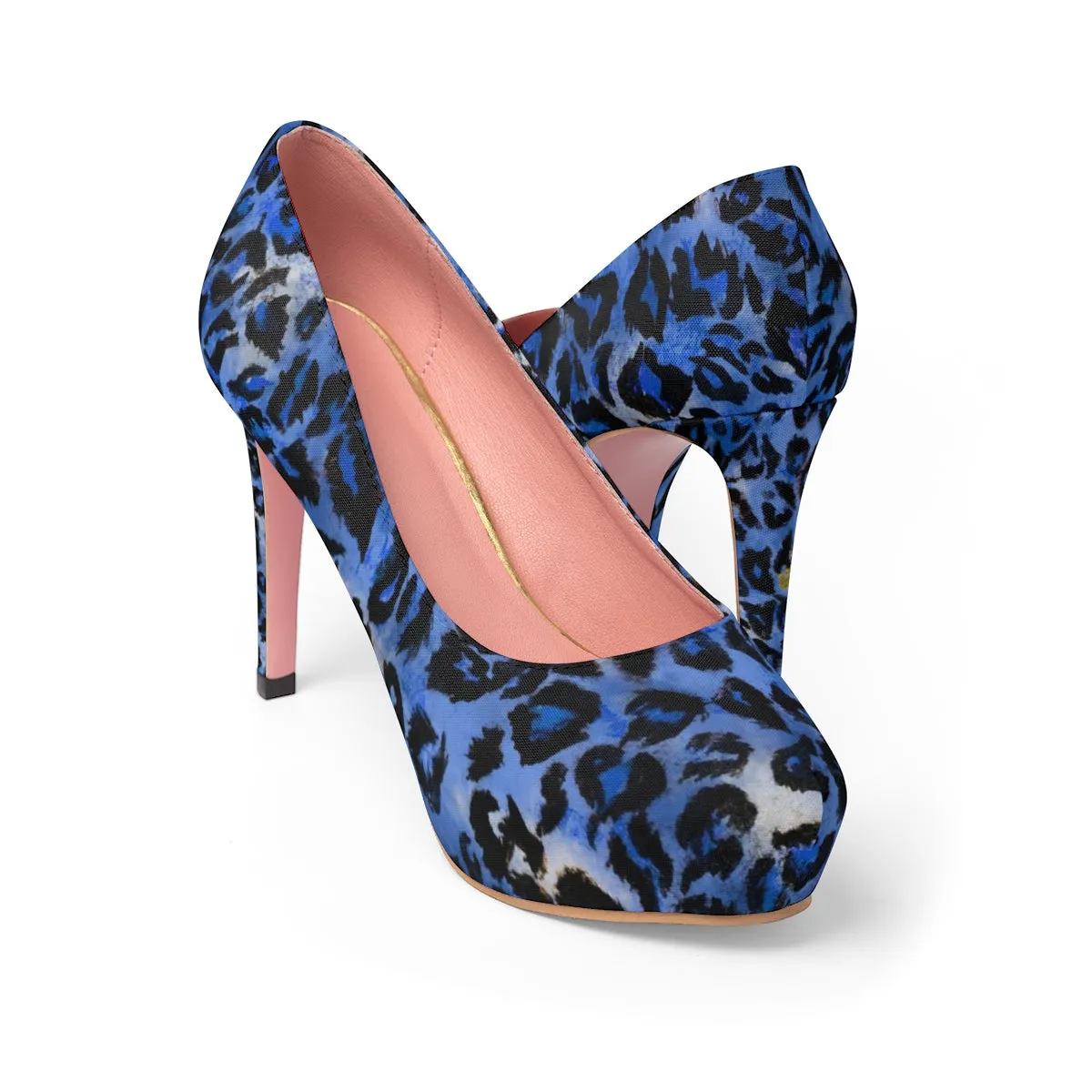 Blue Leopard Women's Heels, Animal Print Platform 4" Heels Pumps Shoes (US Size: 5-11)