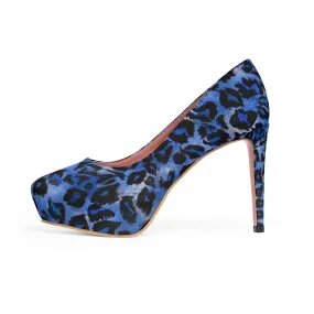 Blue Leopard Women's Heels, Animal Print Platform 4" Heels Pumps Shoes (US Size: 5-11)