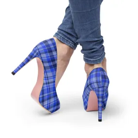 Blue Tartan Women's Heels, Scottish Plaid Print Platform 4" Heels Stiletto Pumps Shoes