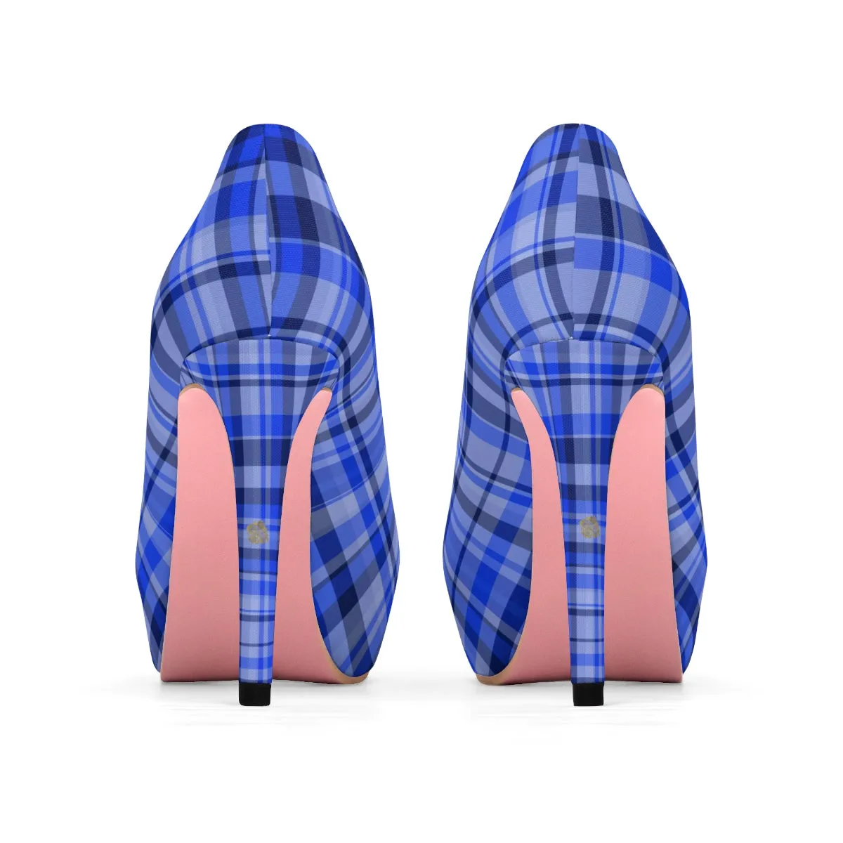 Blue Tartan Women's Heels, Scottish Plaid Print Platform 4" Heels Stiletto Pumps Shoes