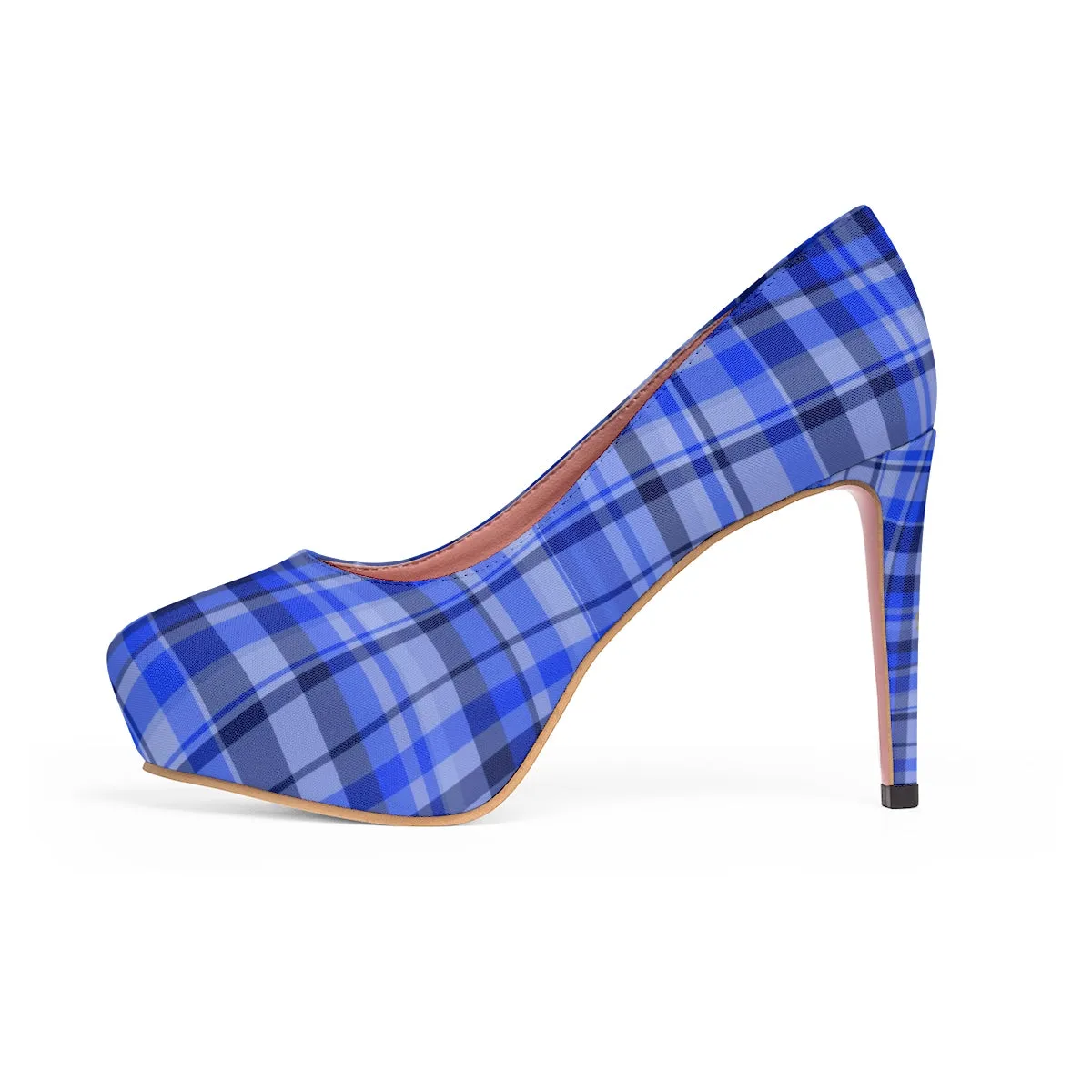 Blue Tartan Women's Heels, Scottish Plaid Print Platform 4" Heels Stiletto Pumps Shoes