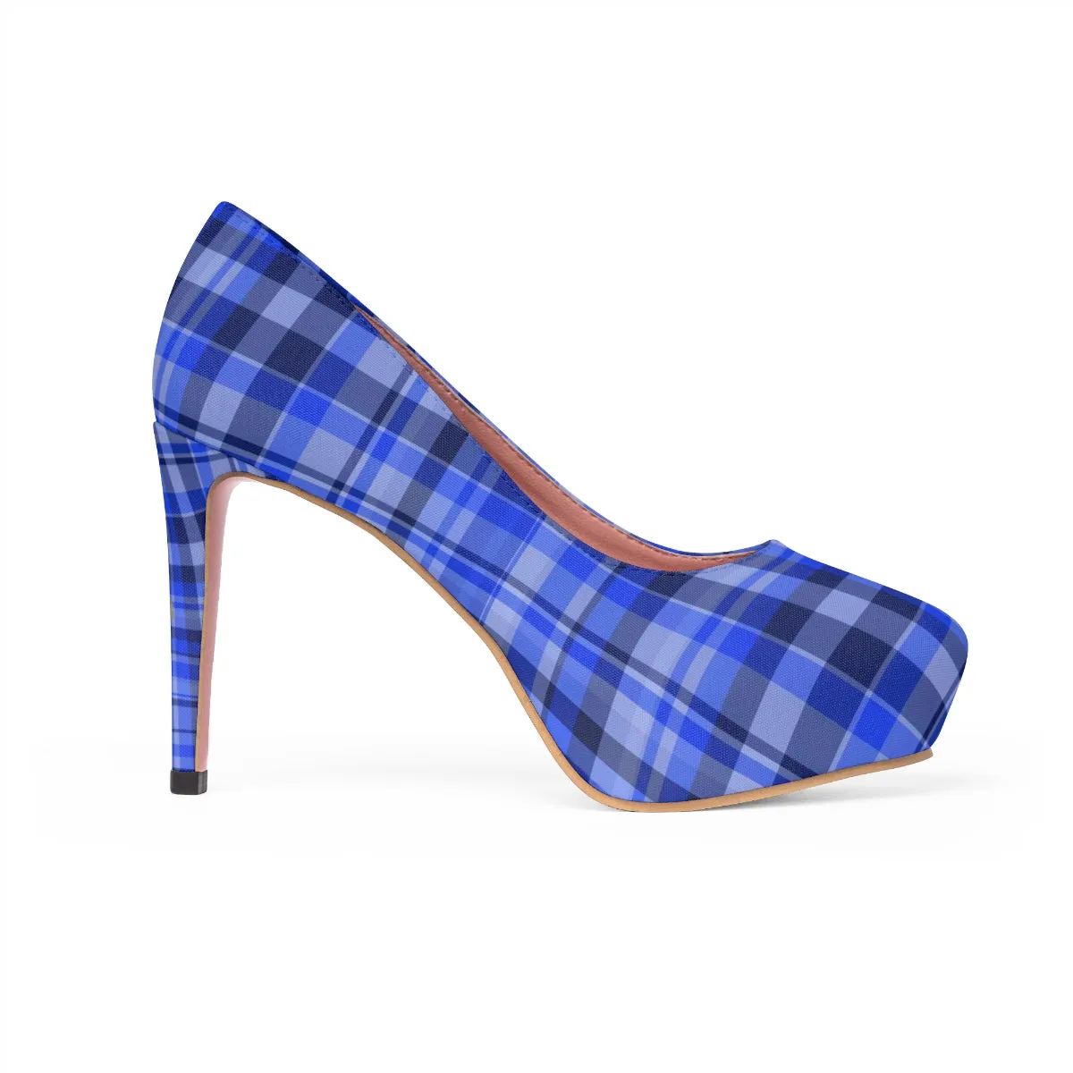 Blue Tartan Women's Heels, Scottish Plaid Print Platform 4" Heels Stiletto Pumps Shoes