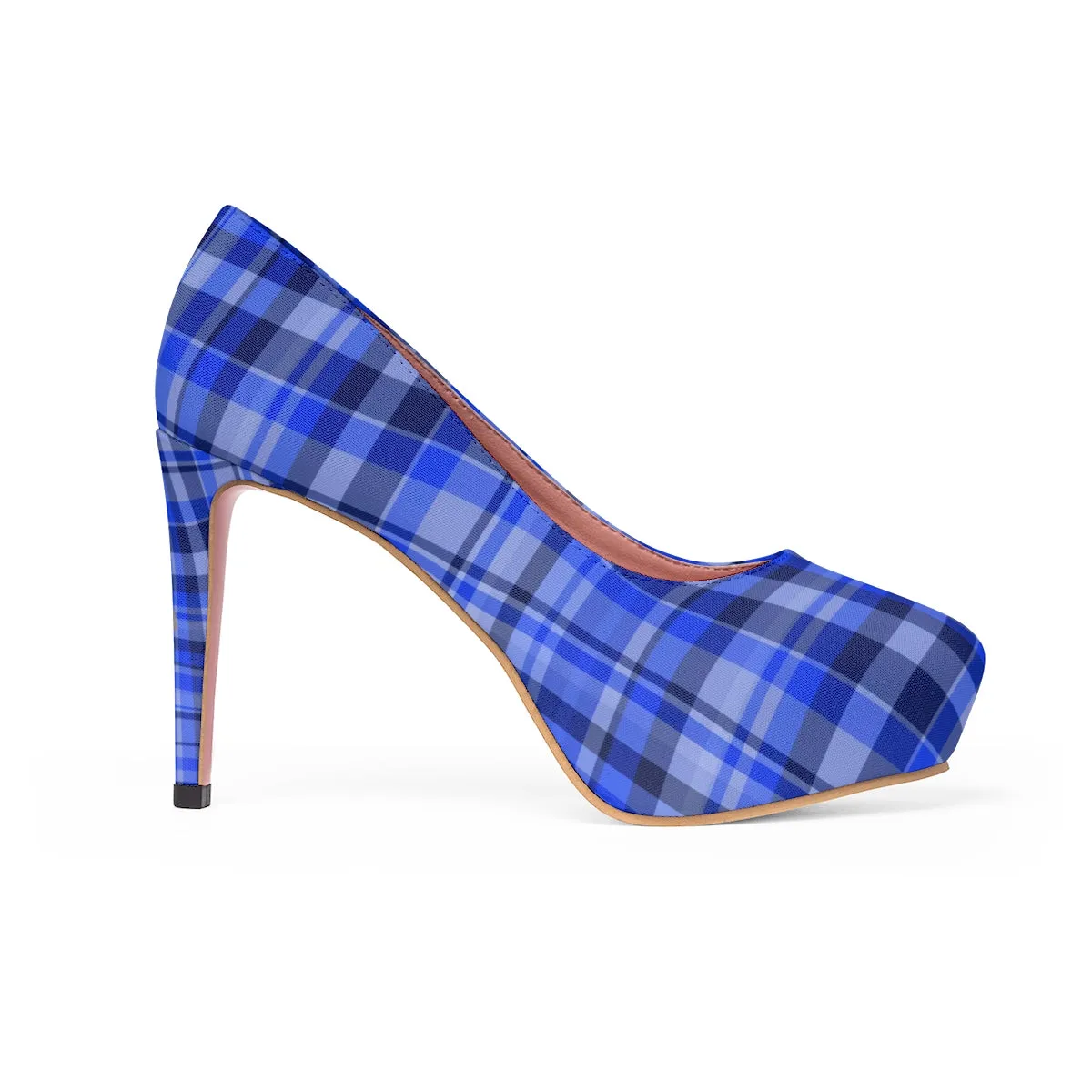 Blue Tartan Women's Heels, Scottish Plaid Print Platform 4" Heels Stiletto Pumps Shoes