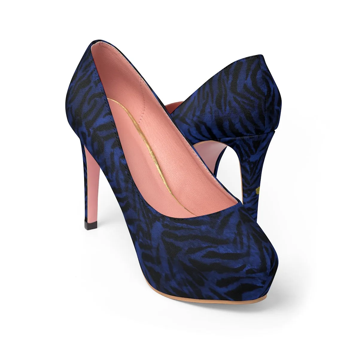 Blue Tiger Stripe Women's Heels, Animal Print Platform 4" Heels Stiletto Best Pumps Shoes