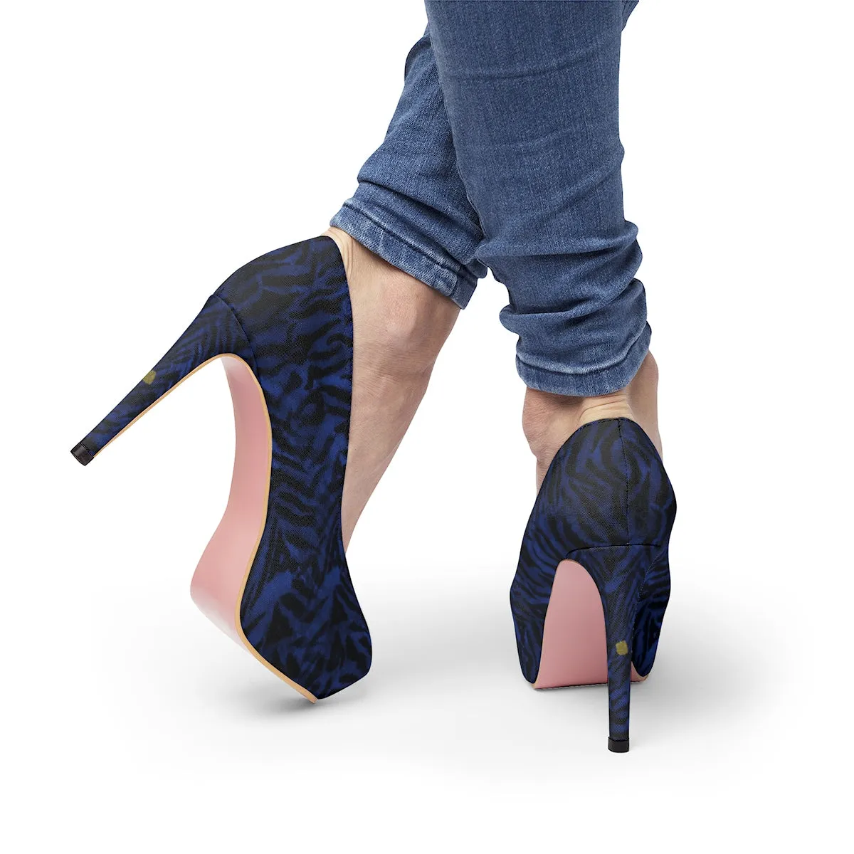 Blue Tiger Stripe Women's Heels, Animal Print Platform 4" Heels Stiletto Best Pumps Shoes