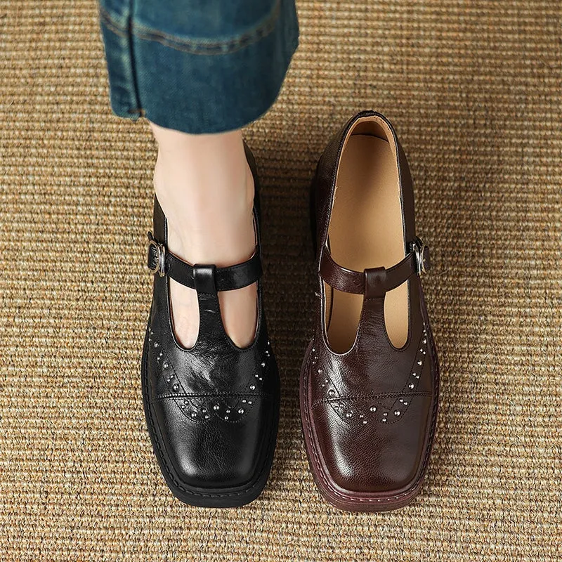 Brogue Style Sheepskin Mary Jane T-Strap Round Toe Block Heel  in Brown/Black