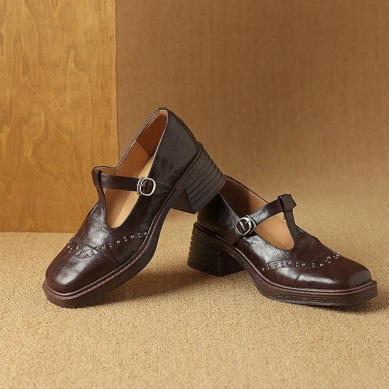 Brogue Style Sheepskin Mary Jane T-Strap Round Toe Block Heel  in Brown/Black