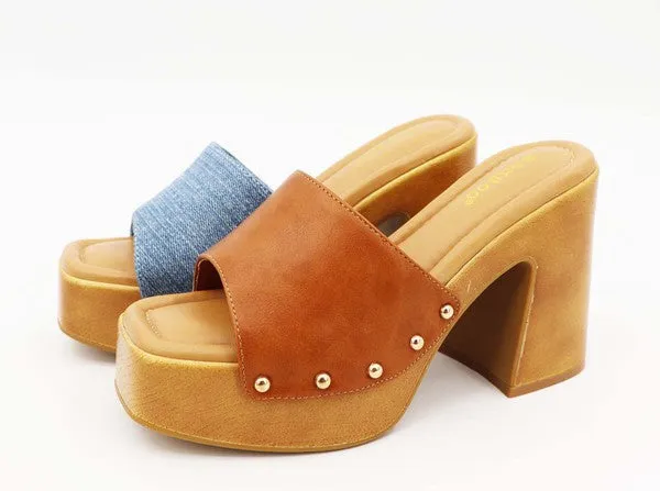 Brown Bamboo Chunky Platform Heel Studded Slide Sandals