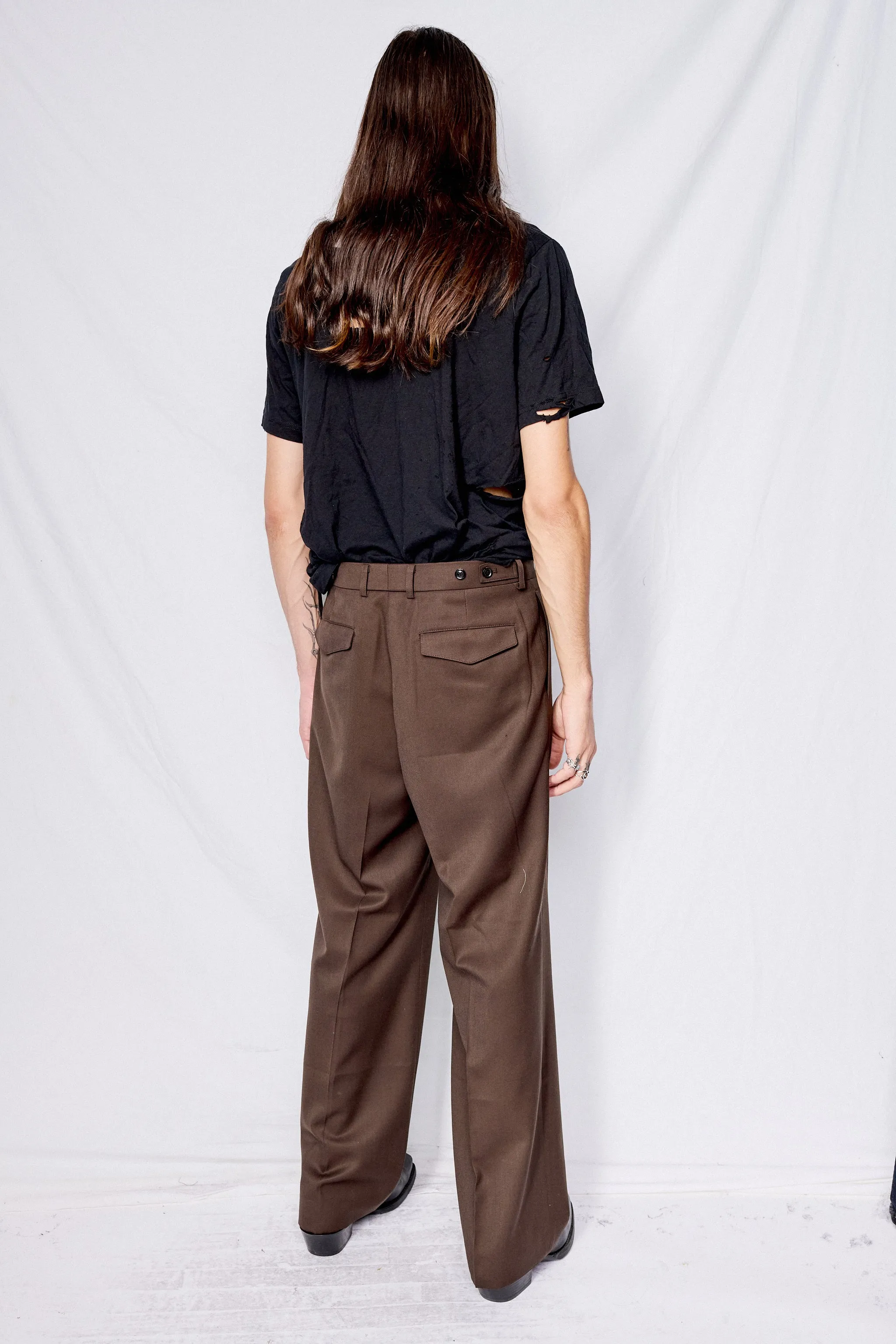 Brown Wool Twill Pleated Wide Trousers