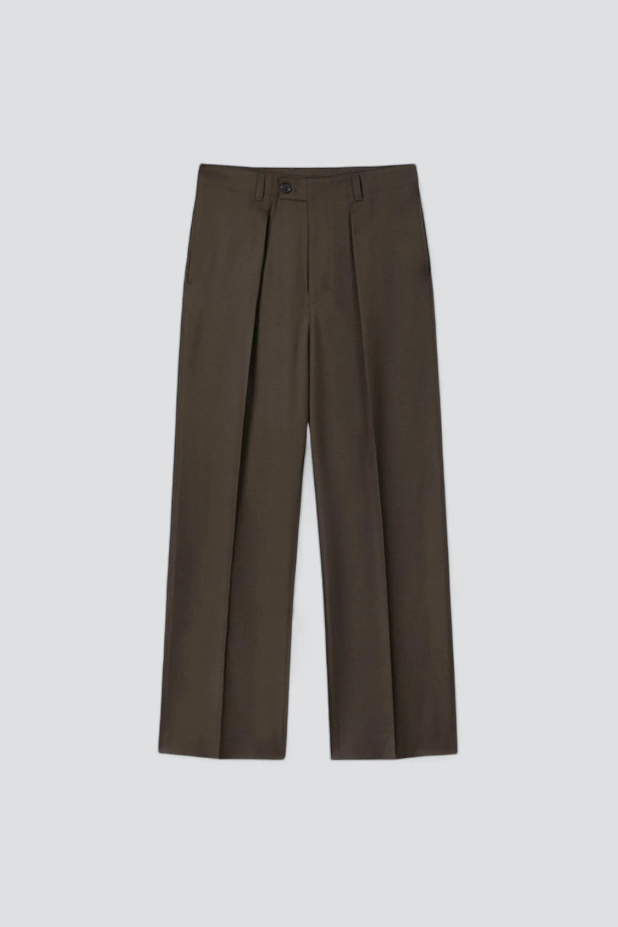 Brown Wool Twill Pleated Wide Trousers