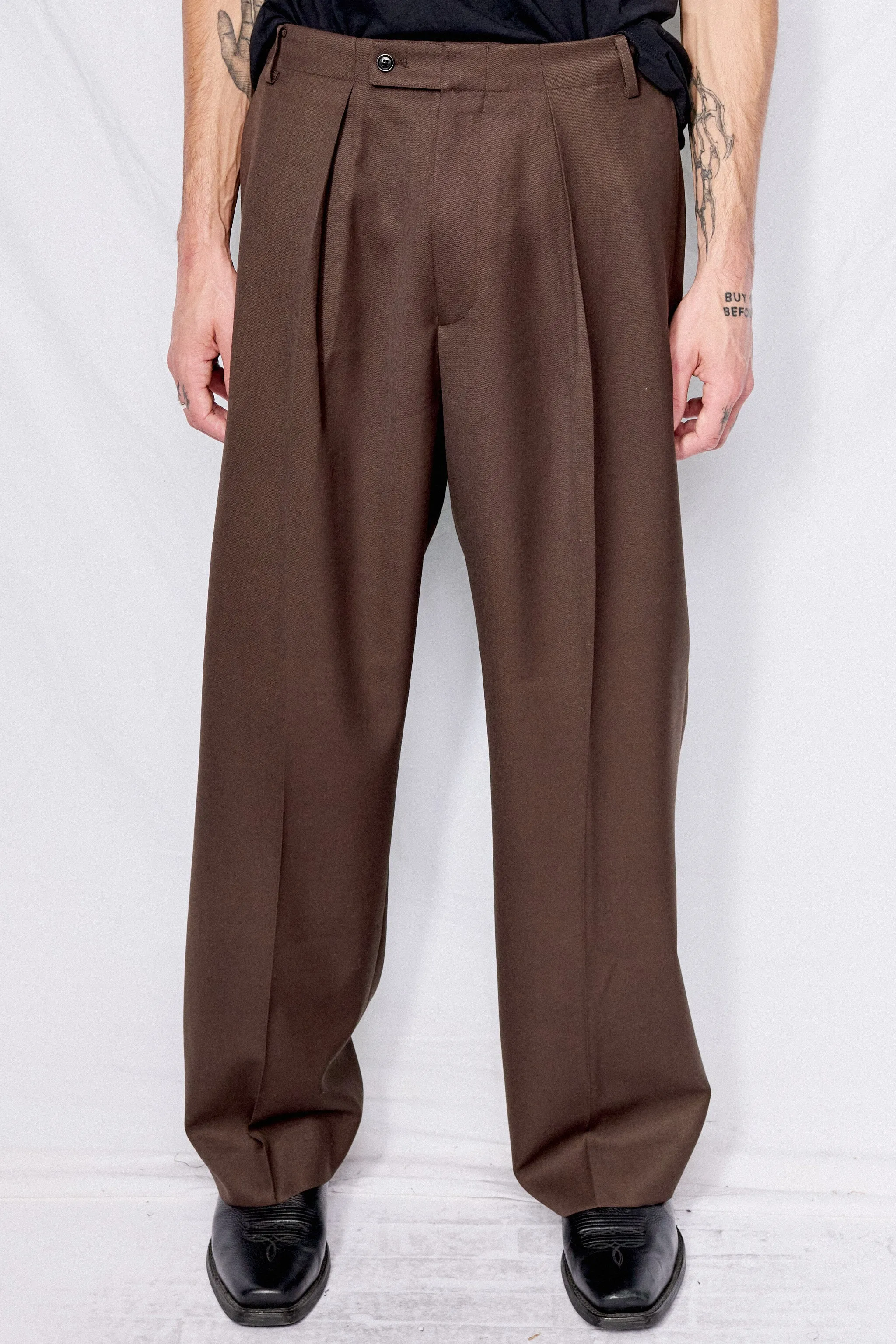 Brown Wool Twill Pleated Wide Trousers